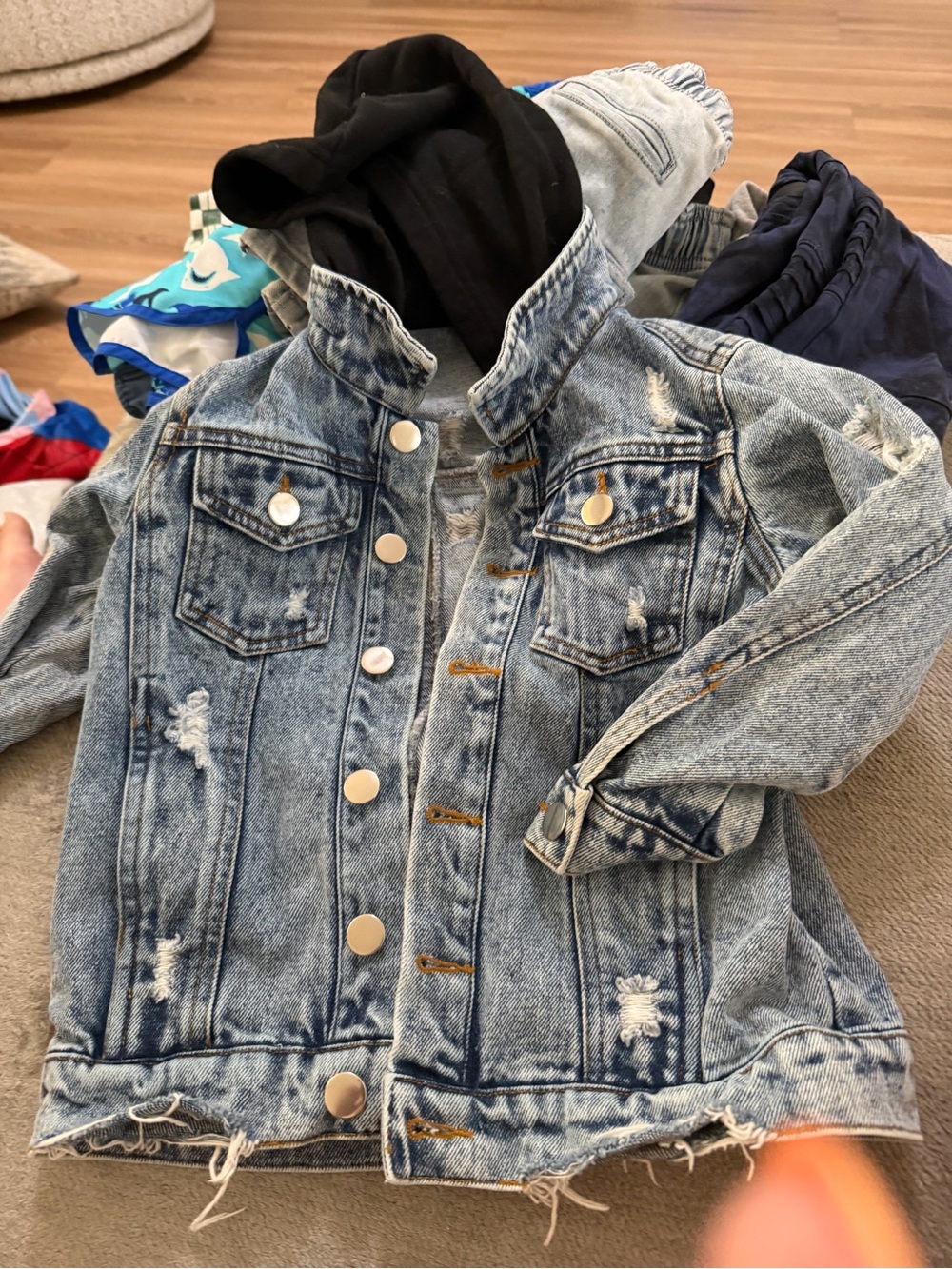 Kids Distressed Light Blue Denim Jacket with Hood